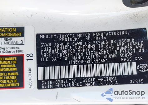 2015 Toyota Avalon Xle Touring из США, поврежденный, VIN 4T1BK1EB8FU190551